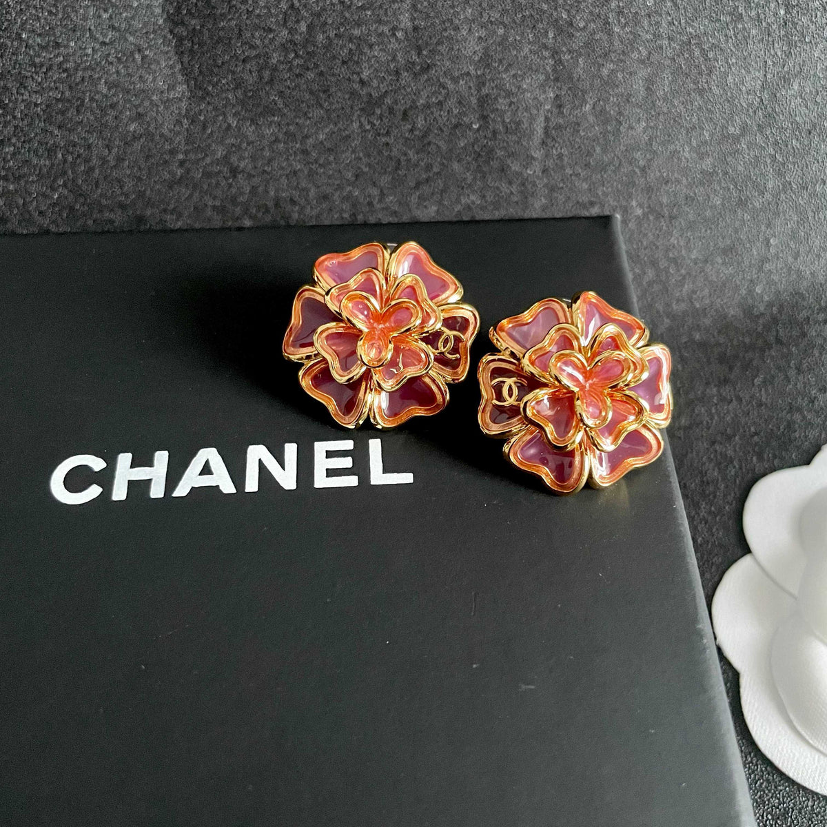 Camellia Stud Earrings in Polished Metal-Tone – Camellia Detail – Design 024 detail view