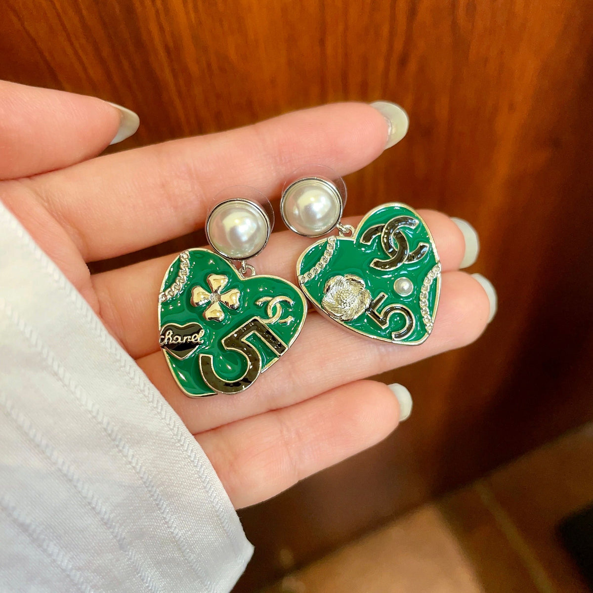 Double-C Emblem Pearl-Detail Statement Earrings – Pearl Detail – Design 005 side detail