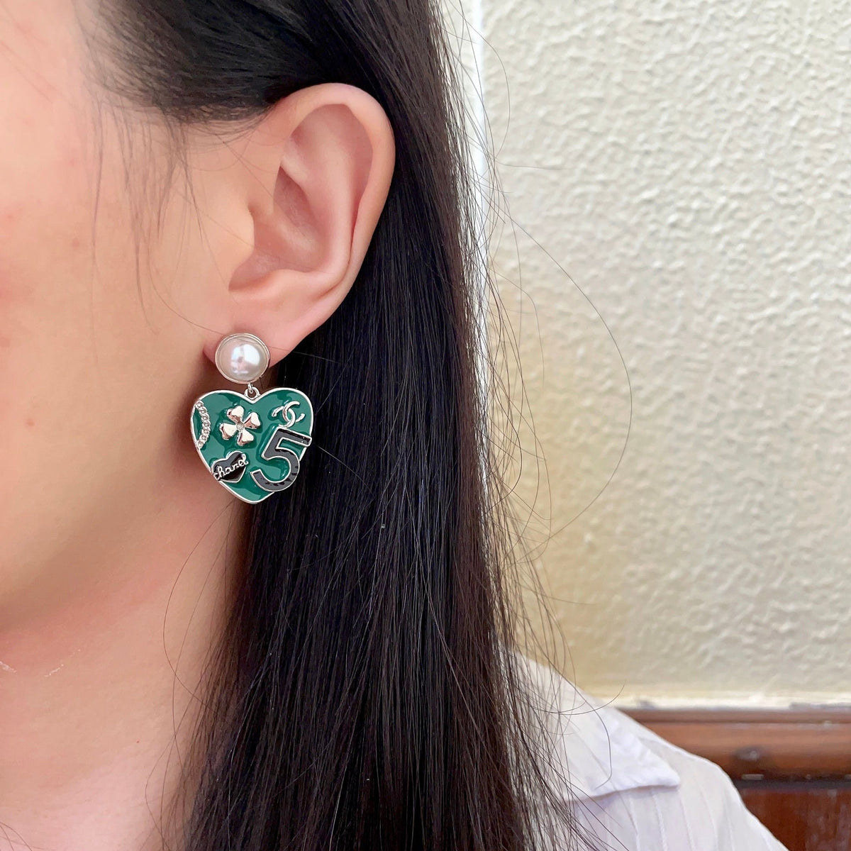 Double-C Emblem Pearl-Detail Statement Earrings – Pearl Detail – Design 005 detail view