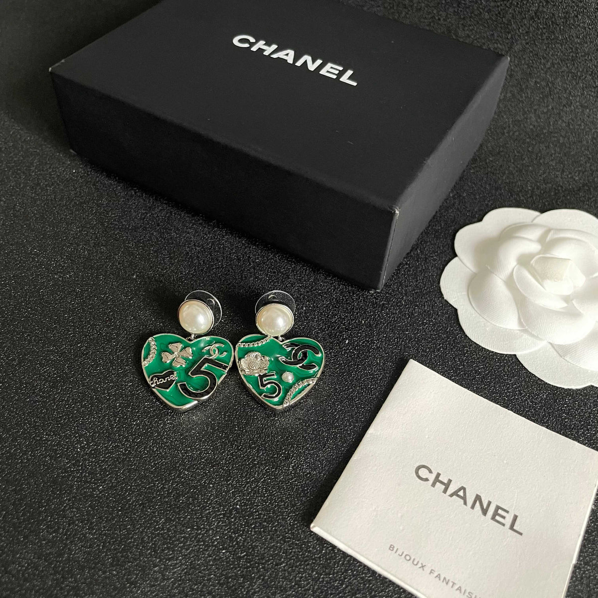 Double-C Emblem Pearl-Detail Statement Earrings – Pearl Detail – Design 009 close-up detail