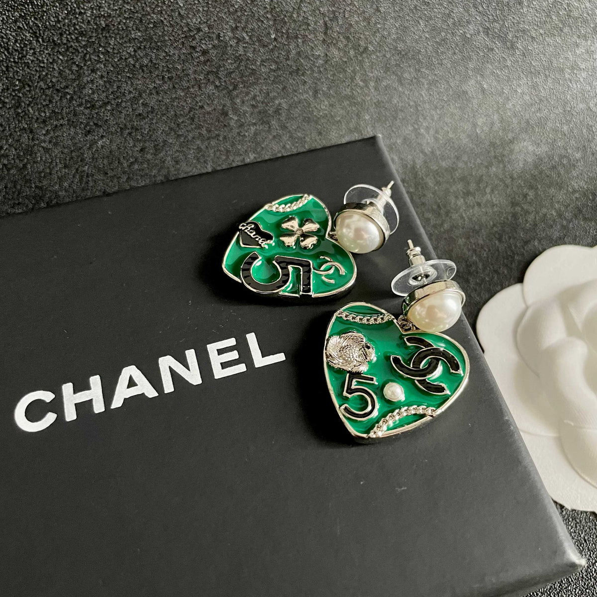 Double-C Emblem Pearl-Detail Statement Earrings – Pearl Detail – Design 009 detail view