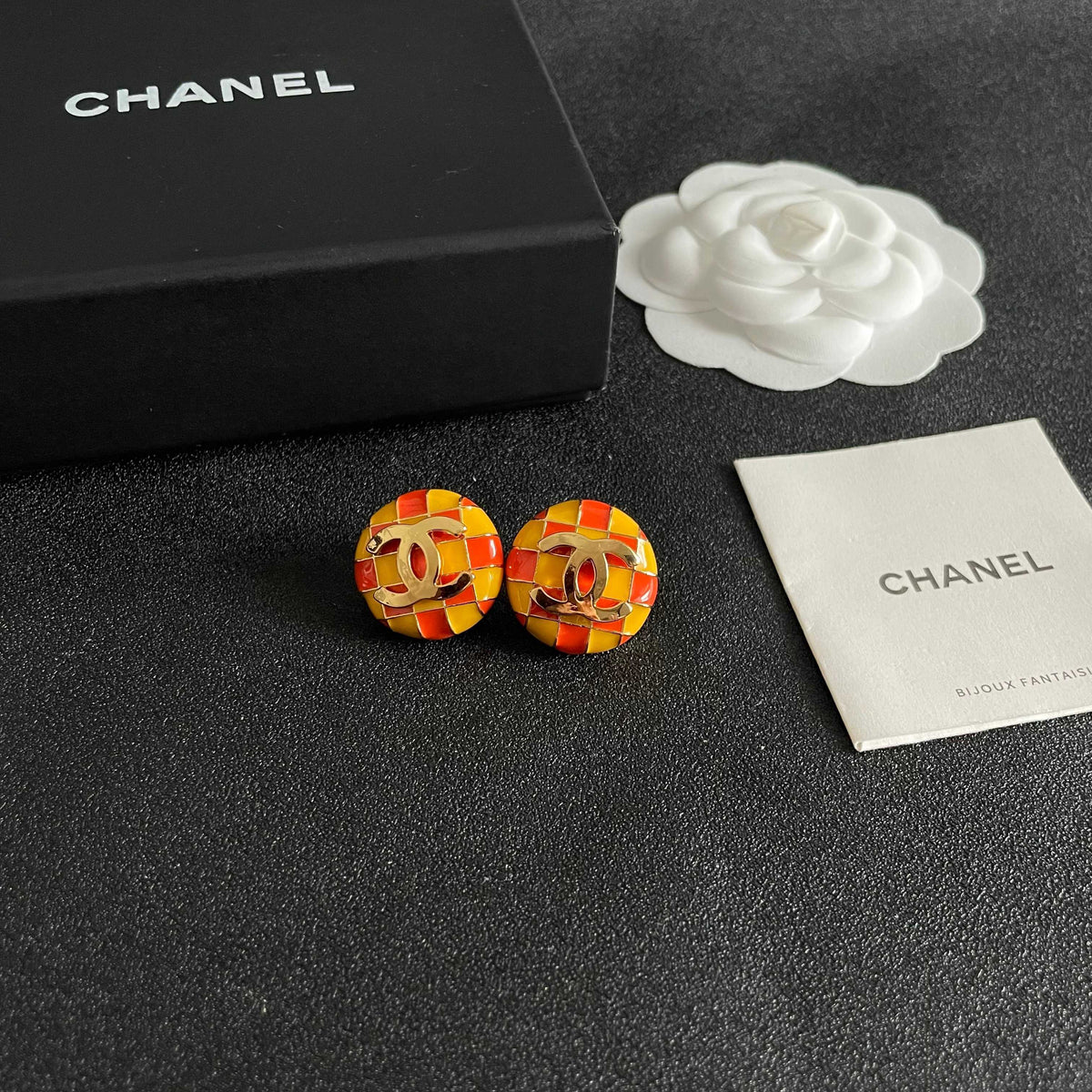 Double-C Emblem Stud Earrings in Polished Metal-Tone – Checkerboard – Design 004 styled product view