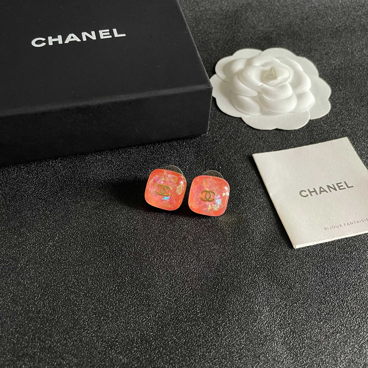 Double-C Emblem Stud Earrings in Polished Metal-Tone – Design 159 styled product view