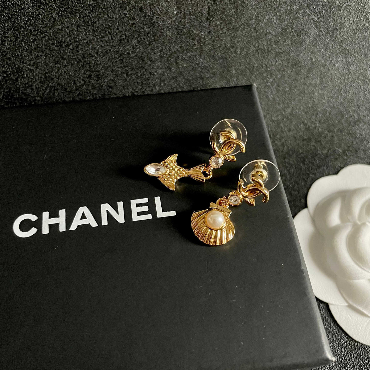 Double-C Emblem Statement Earrings in Polished Metal-Tone – Design 021 detail view