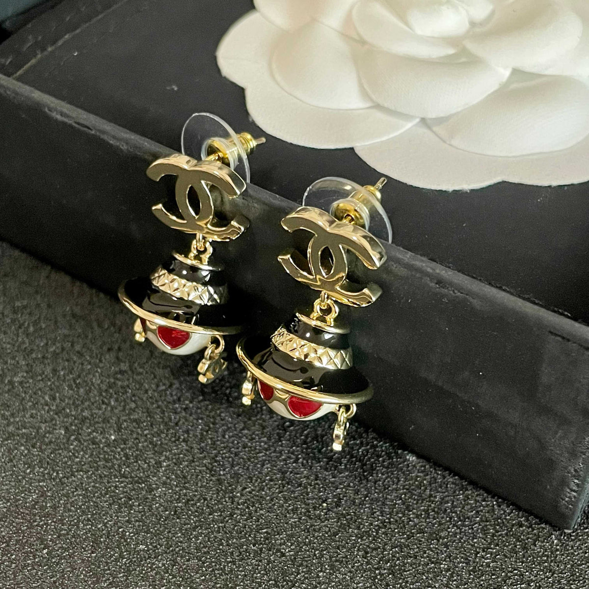 Signature Emblem Statement Earrings in Polished Metal-Tone – Design 023 detail view