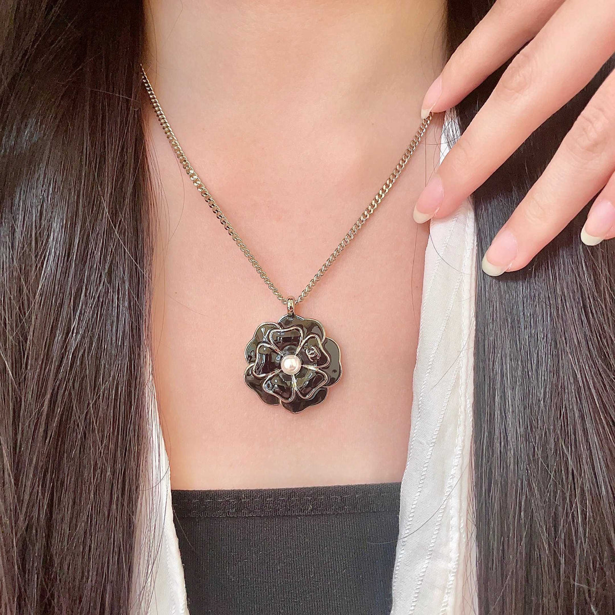 Camellia Pendant Necklace in Polished Metal-Tone – Camellia Detail – Design 012 main product view