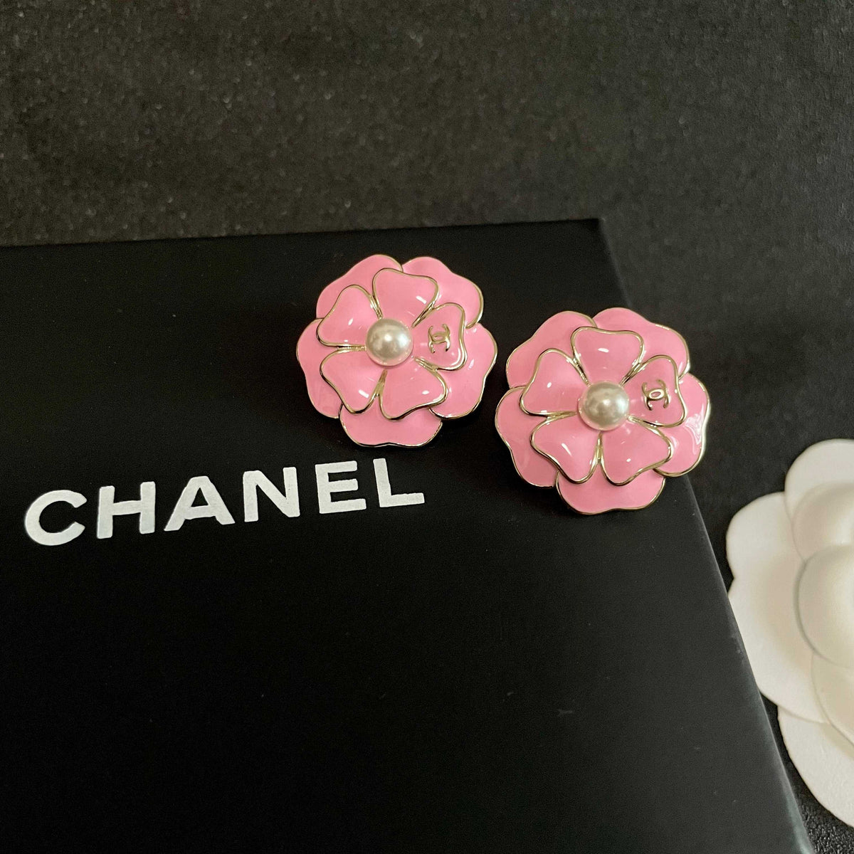 Camellia Stud Earrings in Polished Metal-Tone – Camellia Detail – Design 010 detail view