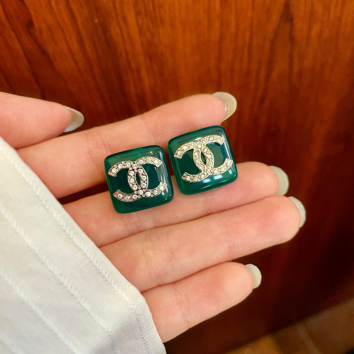 Double-C Emblem Crystal-Accent Stud Earrings – Design 004 side detail