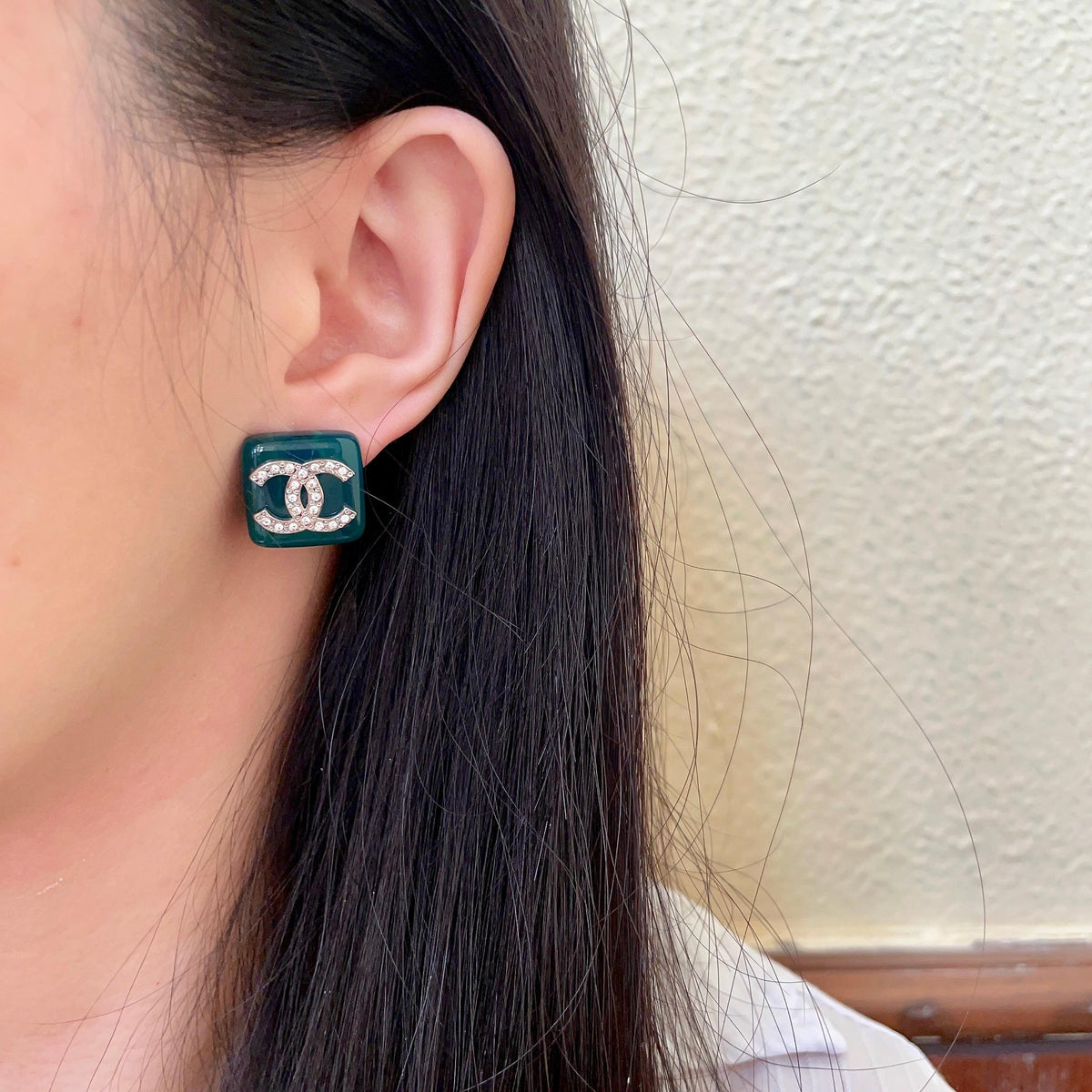Double-C Emblem Crystal-Accent Stud Earrings – Design 012 detail view