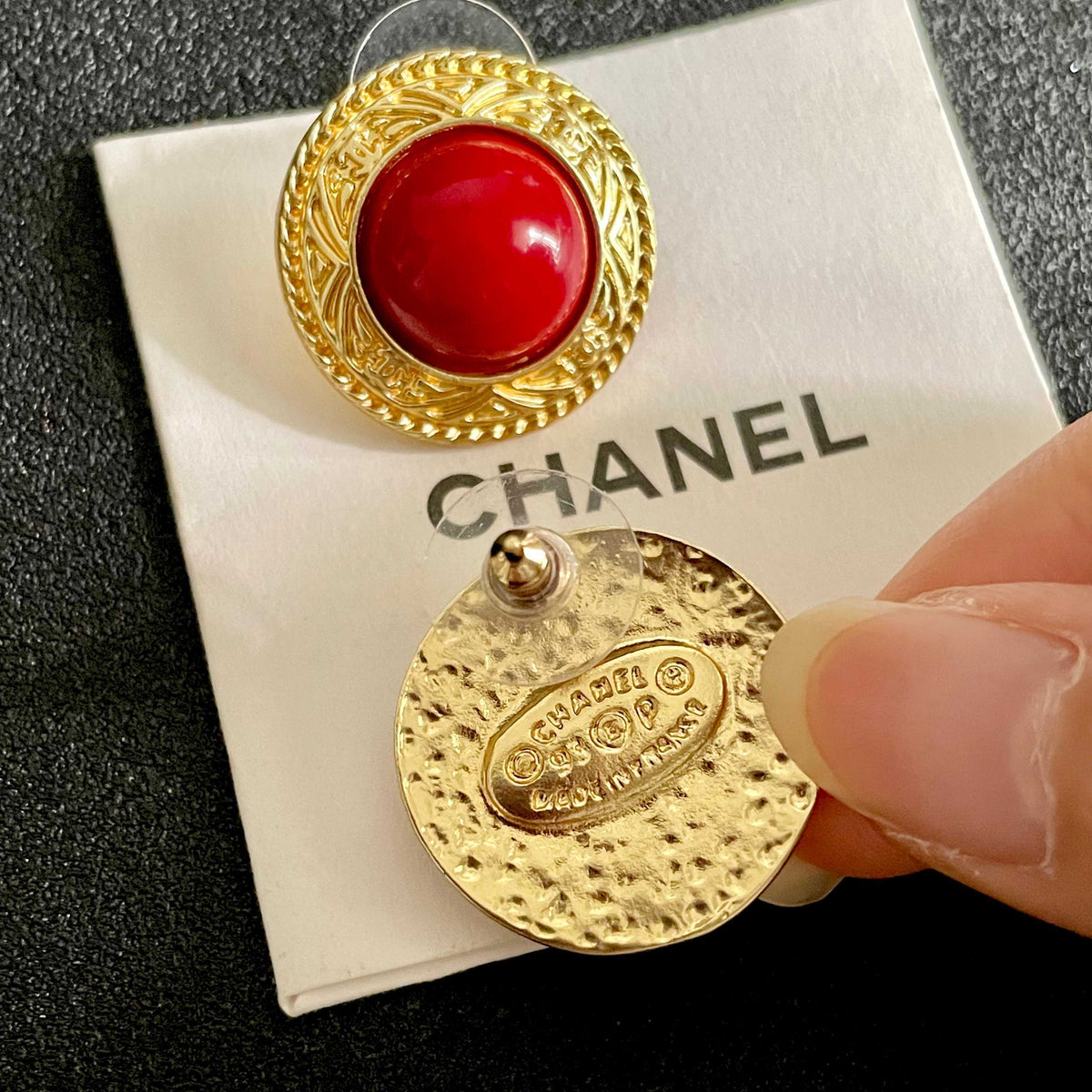 Double-C Emblem Stud Earrings in Polished Metal-Tone – Design 112 main product view