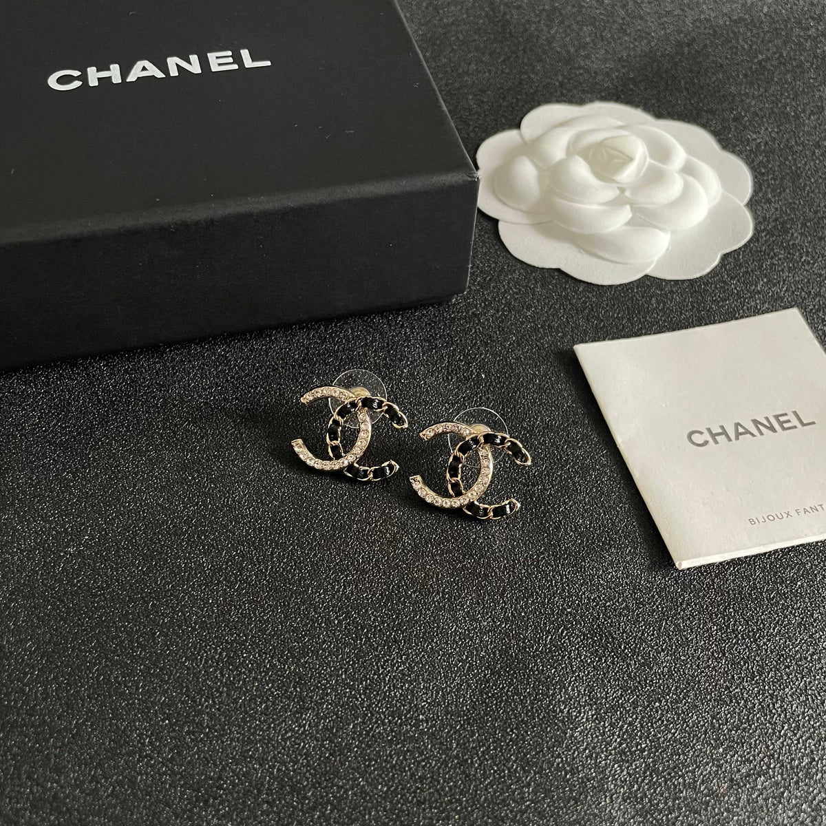 Double-C Emblem Crystal-Accent Stud Earrings – Design 014 styled product view
