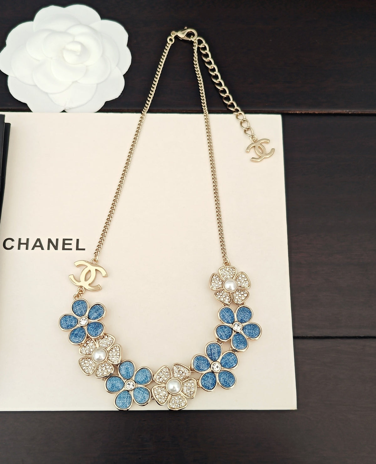 Floral Pendant Necklace in Gold-Tone – Blue Detail front product view