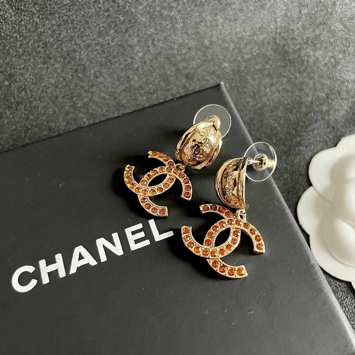 Double-C Emblem Crystal-Accent Statement Earrings – Design 013 detail view