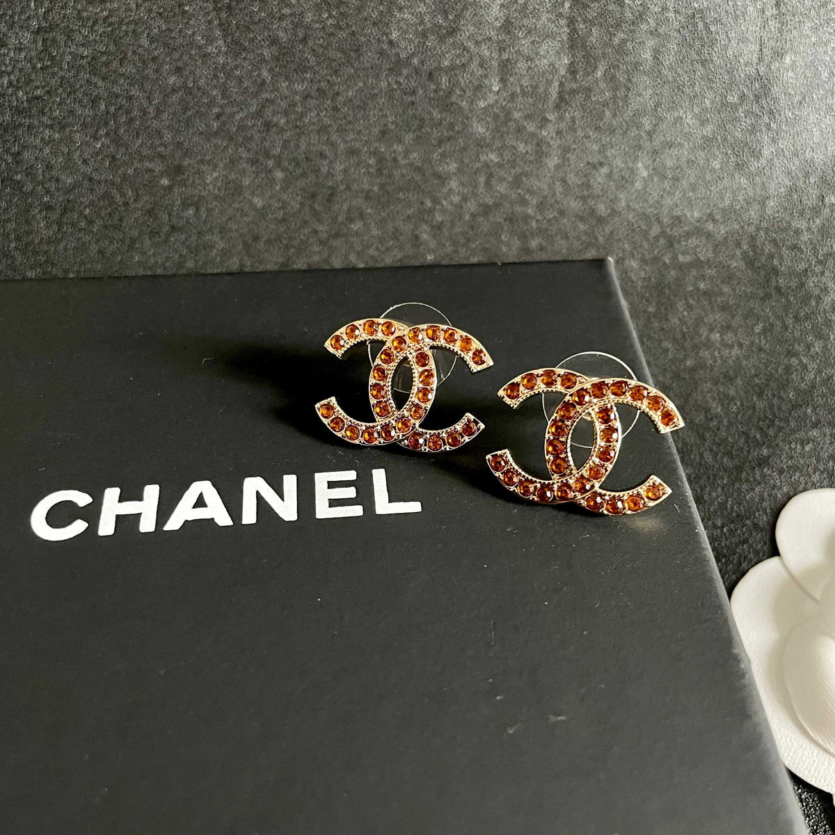 Double-C Emblem Crystal-Accent Stud Earrings – Design 023 detail view