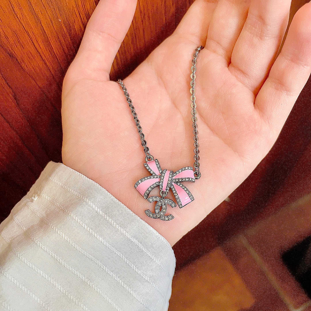 Double-C Emblem Crystal-Accent Pendant Necklace – Design 020 side detail