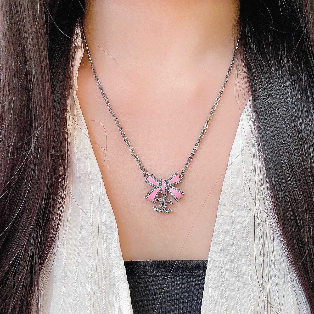 Double-C Emblem Crystal-Accent Pendant Necklace – Design 020 detail view