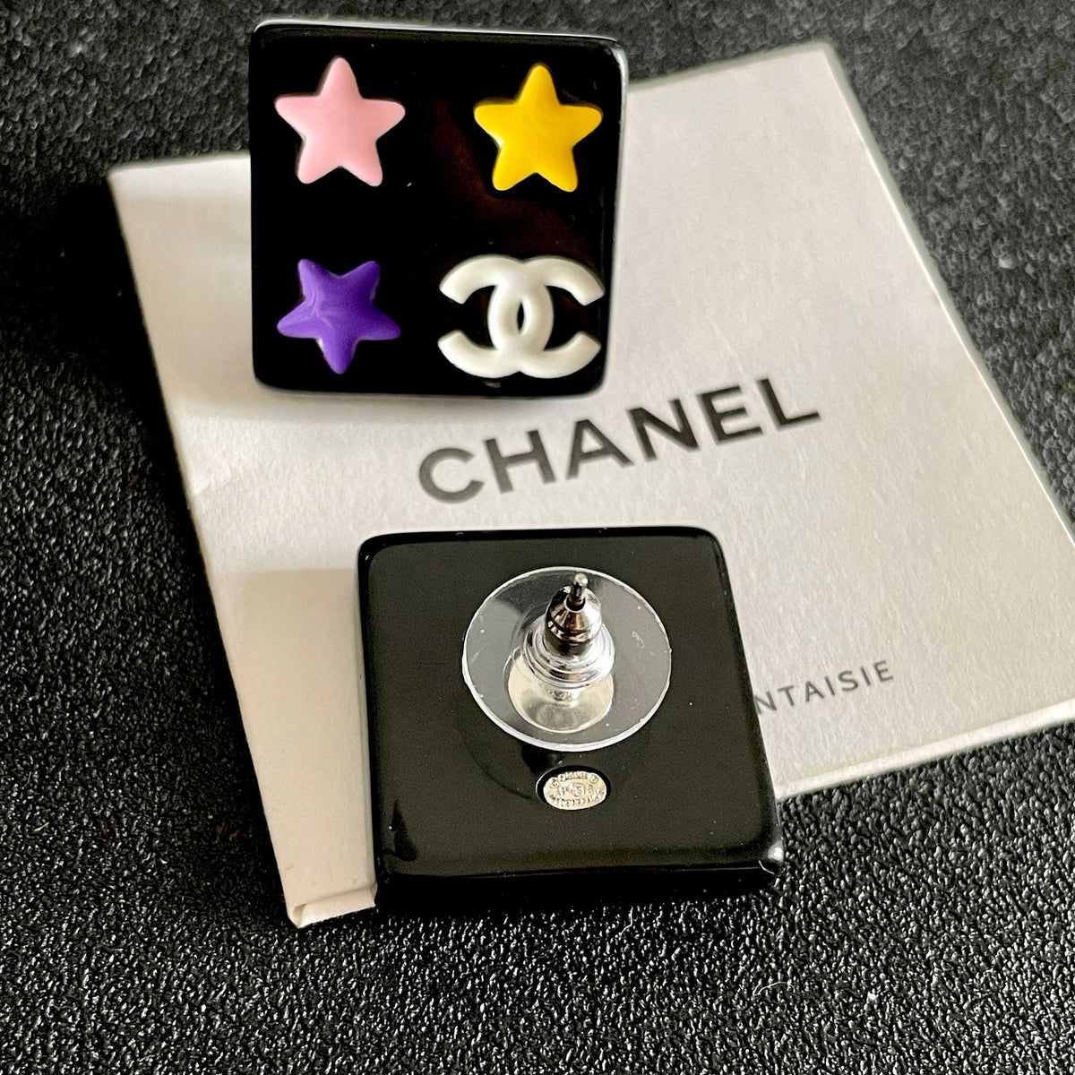 Double-C Emblem Stud Earrings in Polished Metal-Tone – Star Detail – Design 004 main product view