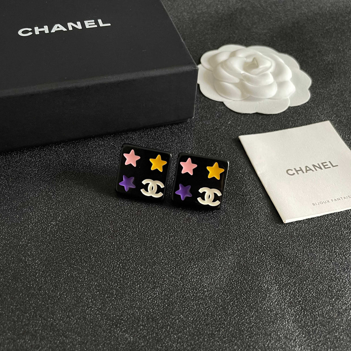 Double-C Emblem Stud Earrings in Polished Metal-Tone – Star Detail – Design 010 styled product view