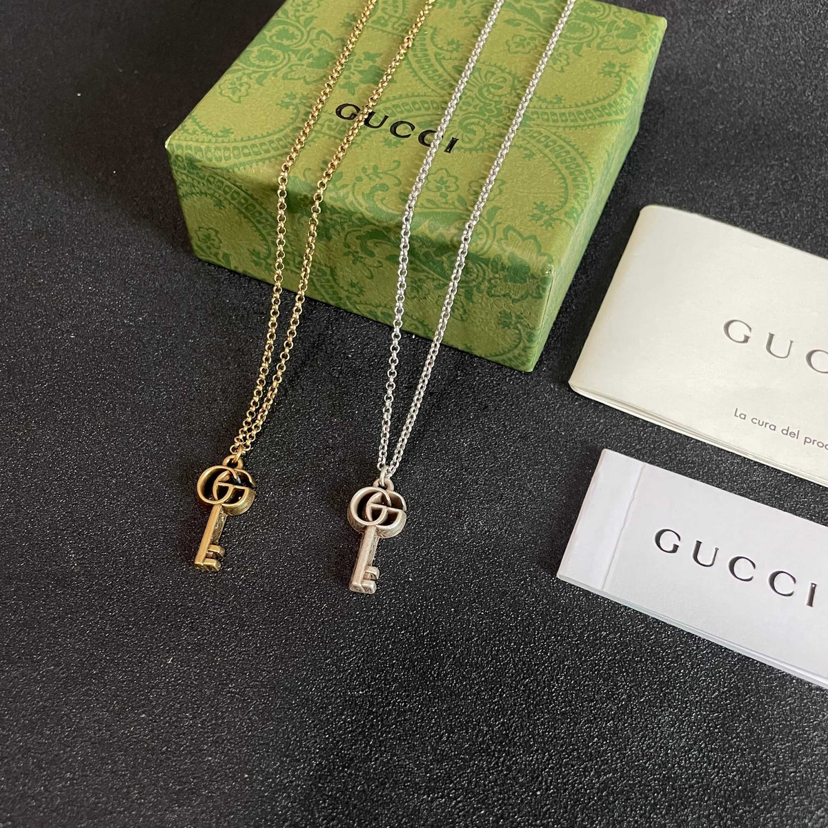 Double-G Emblem Pendant Necklace in Polished Metal-Tone – Design 112 side detail