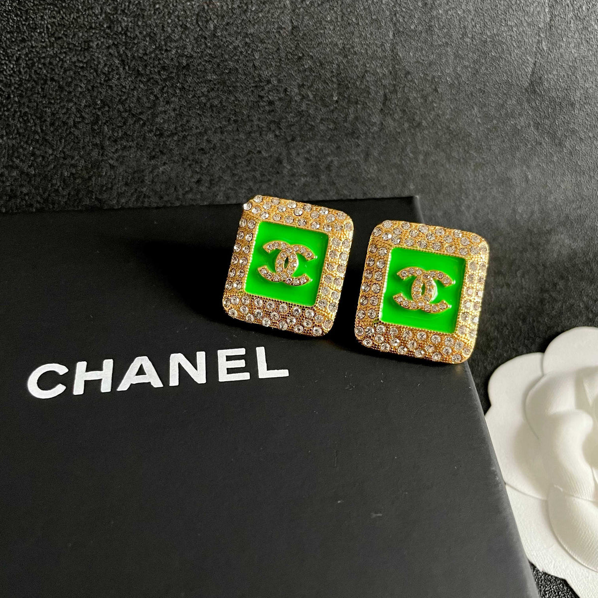 Double-C Emblem Crystal-Accent Stud Earrings – Design 025 detail view