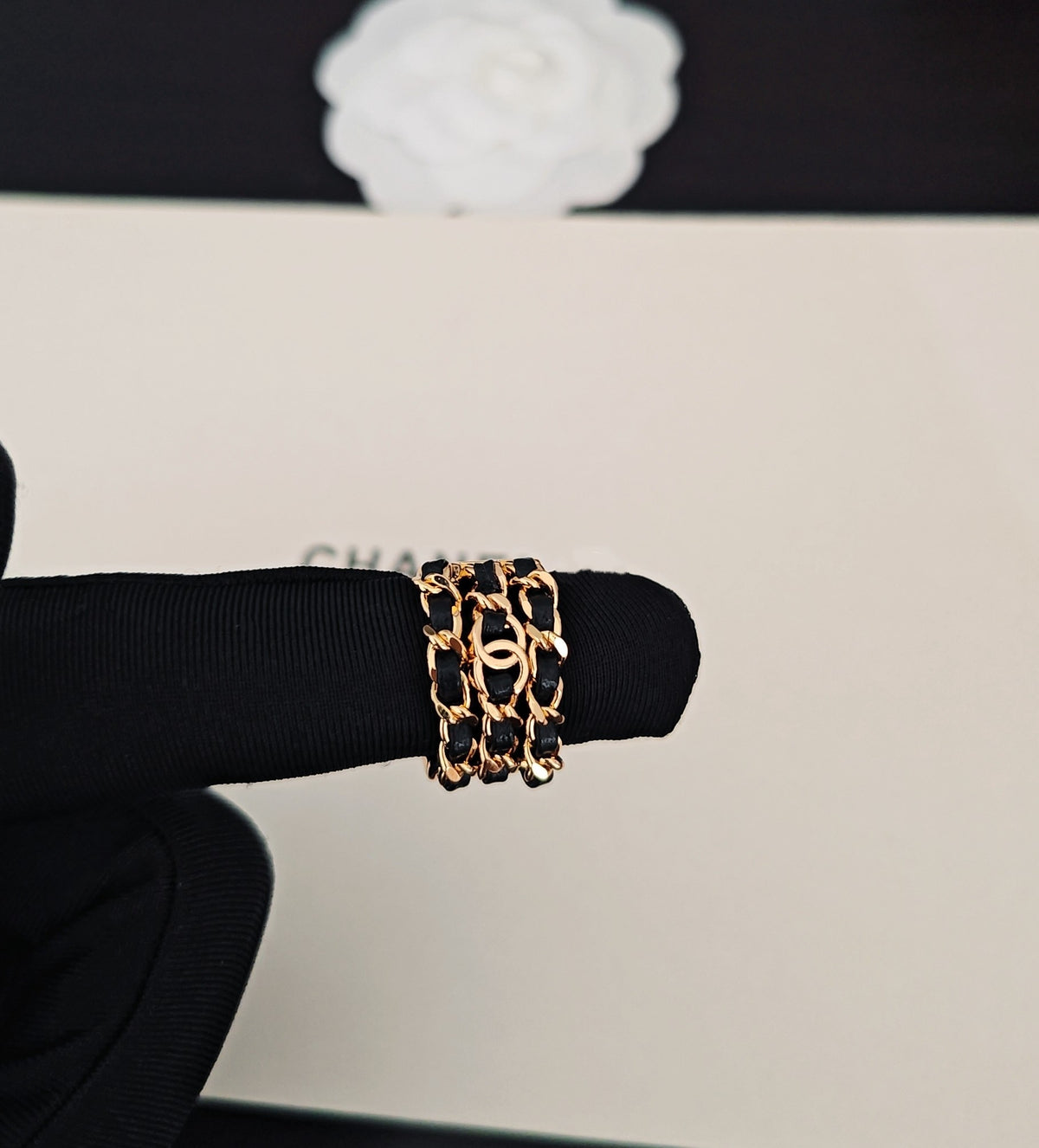 Signature Emblem Statement Ring in Gold-Tone – Black Detail front product view