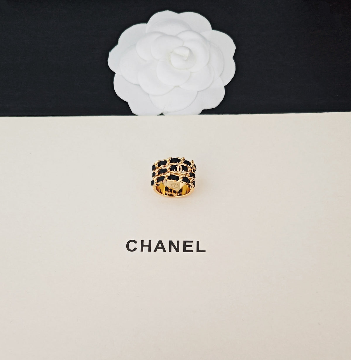 Signature Emblem Statement Ring in Gold-Tone – Black Detail styled product view
