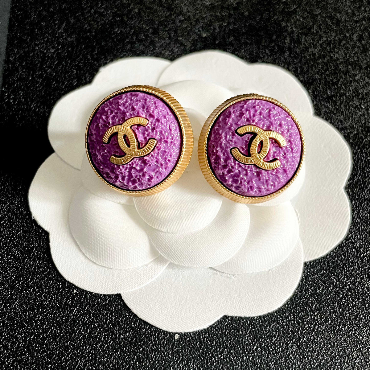 Double-C Emblem Stud Earrings in Polished Metal-Tone – Design 211 front product view