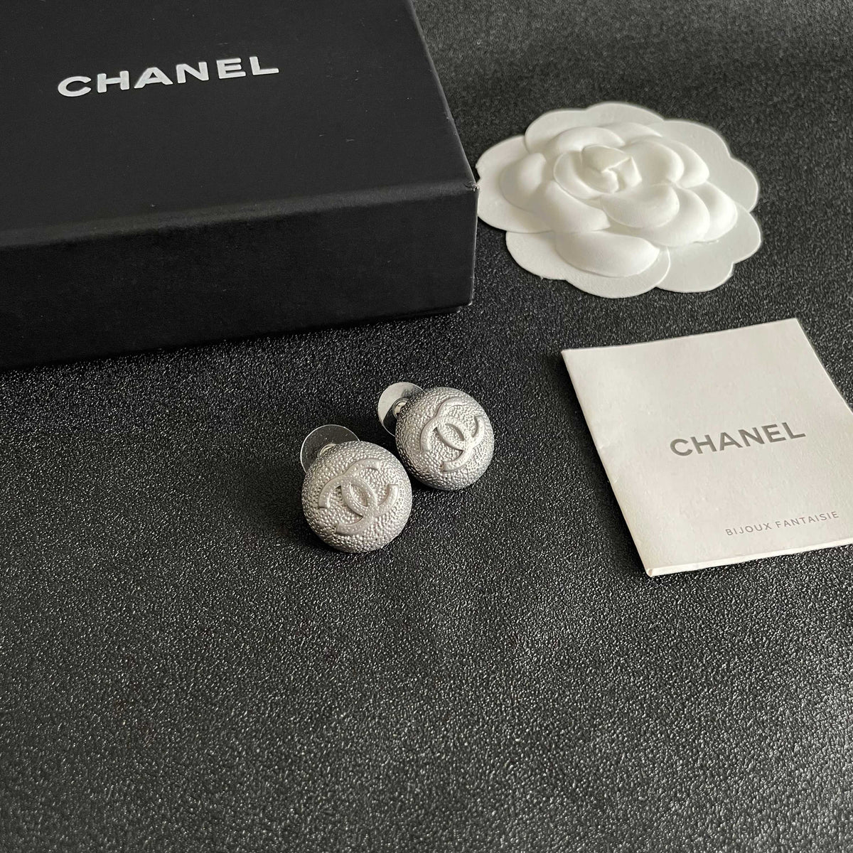 Double-C Emblem Stud Earrings in Polished Metal-Tone – Design 206 styled product view