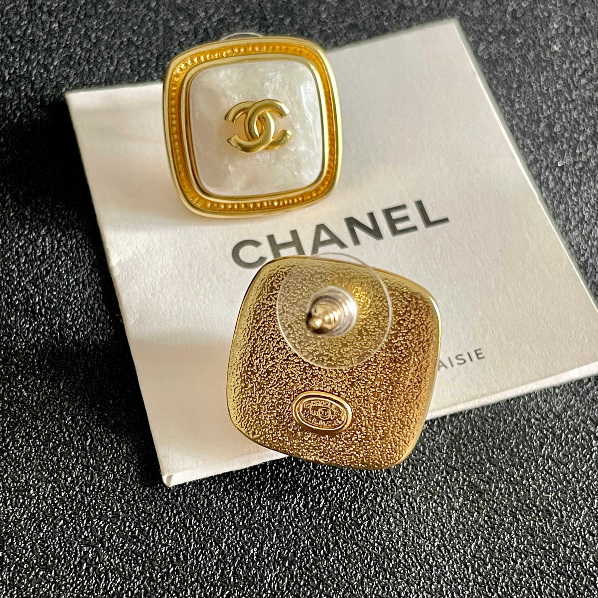 Double-C Emblem Stud Earrings in Polished Metal-Tone – Design 217 main product view