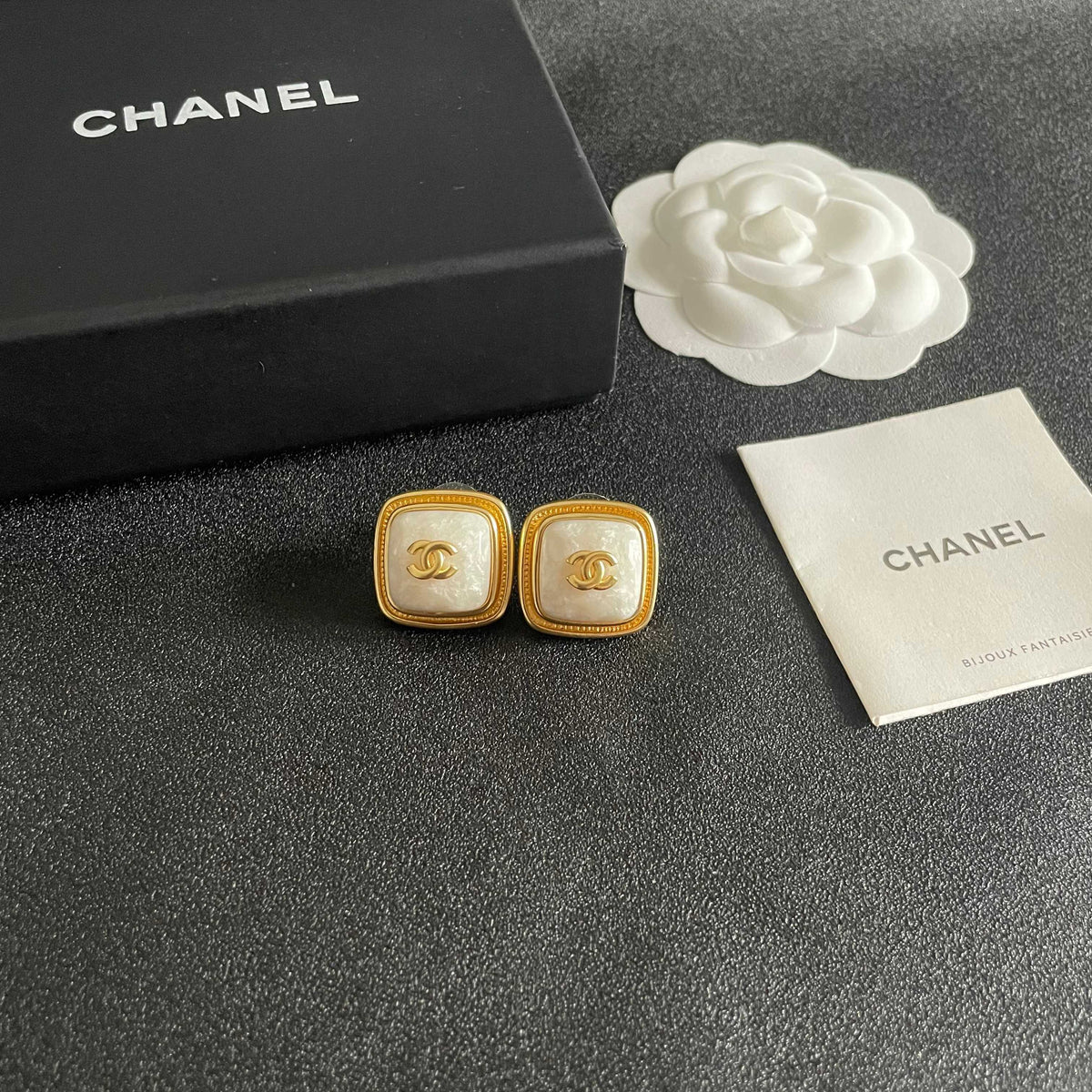 Double-C Emblem Stud Earrings in Polished Metal-Tone – Design 217 styled product view