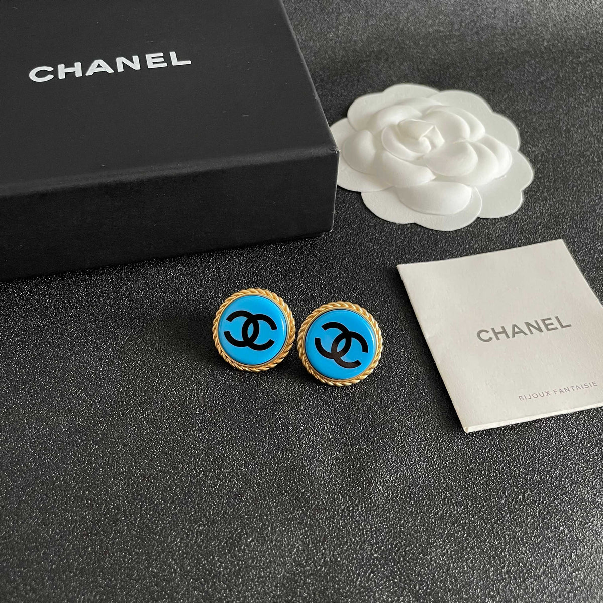 Double-C Emblem Stud Earrings in Polished Metal-Tone – Design 216 styled product view