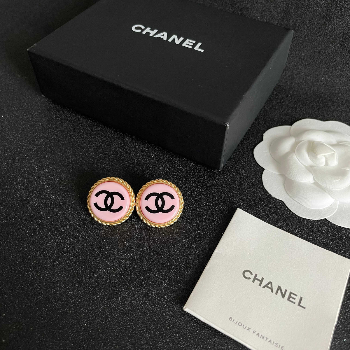 Double-C Emblem Stud Earrings in Polished Metal-Tone – Design 215 close-up detail