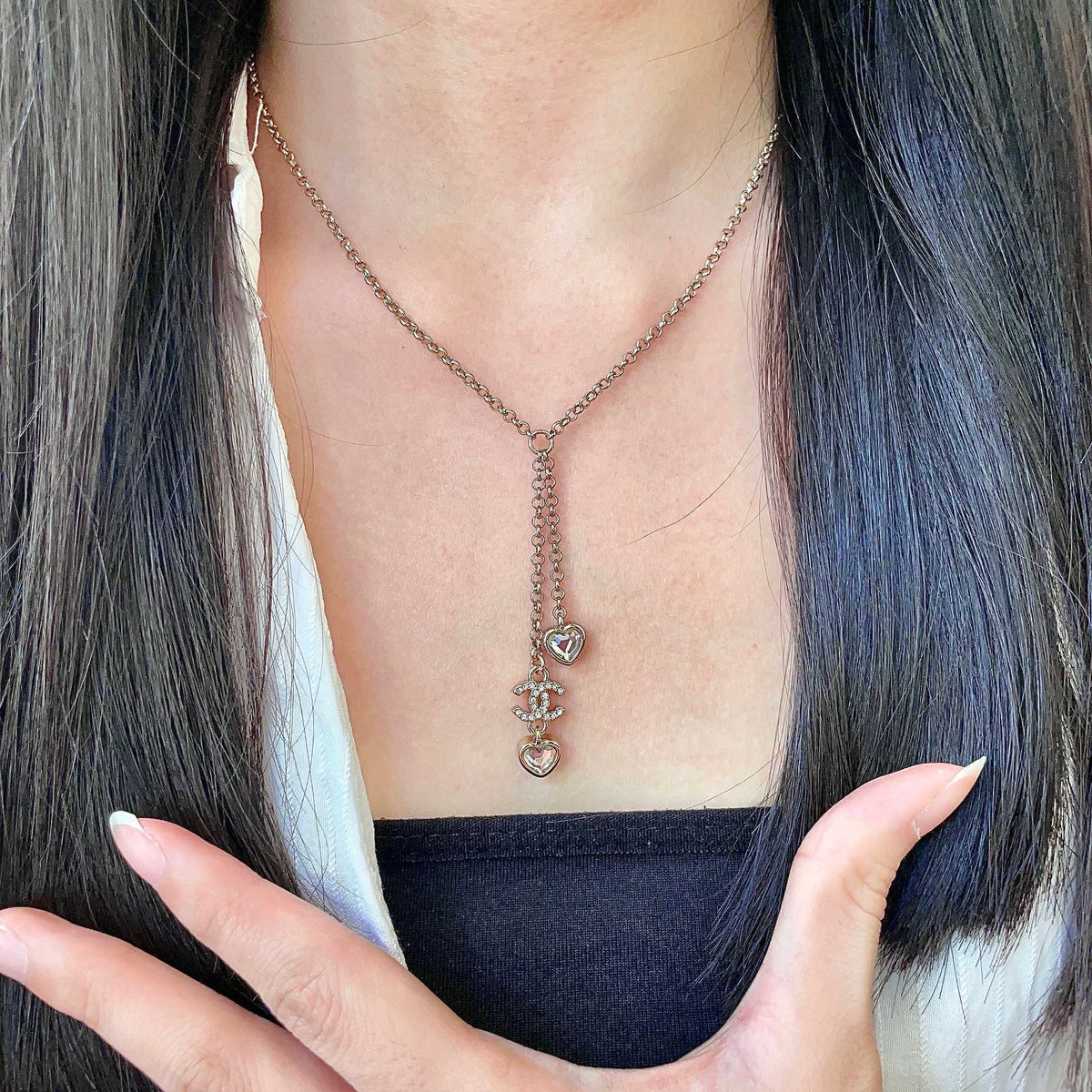 Double-C Emblem Crystal-Accent Pendant Necklace – Heart Detail – Design 003 front product view