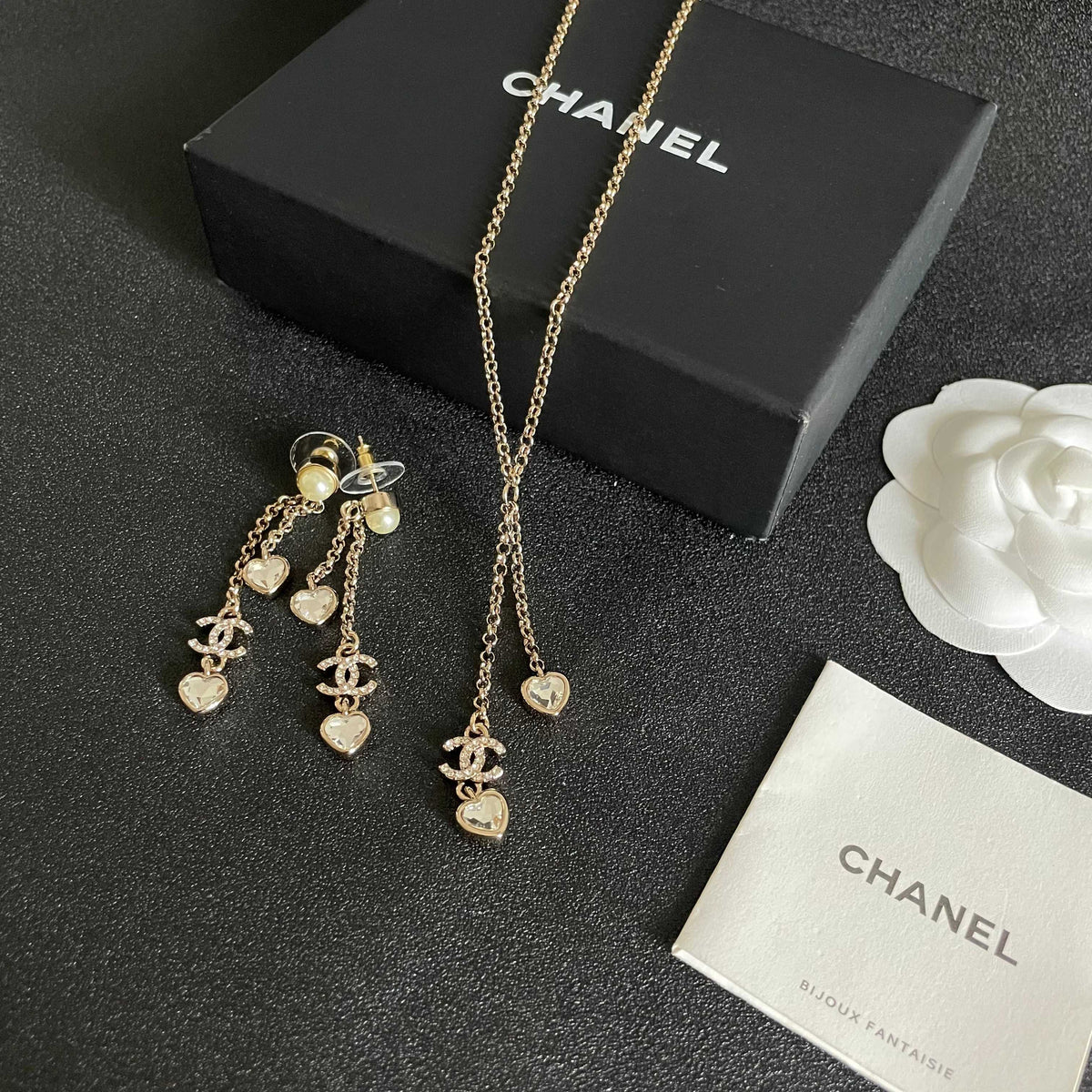 Double-C Emblem Crystal-Accent Statement Earrings – Heart Detail – Design 003 side detail