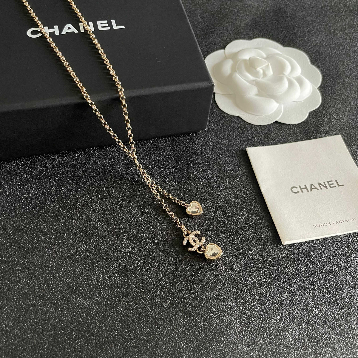Double-C Emblem Crystal-Accent Pendant Necklace – Heart Detail – Design 005 styled product view