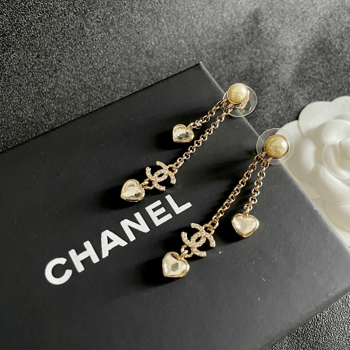 Double-C Emblem Crystal-Accent Statement Earrings – Heart Detail – Design 003 detail view