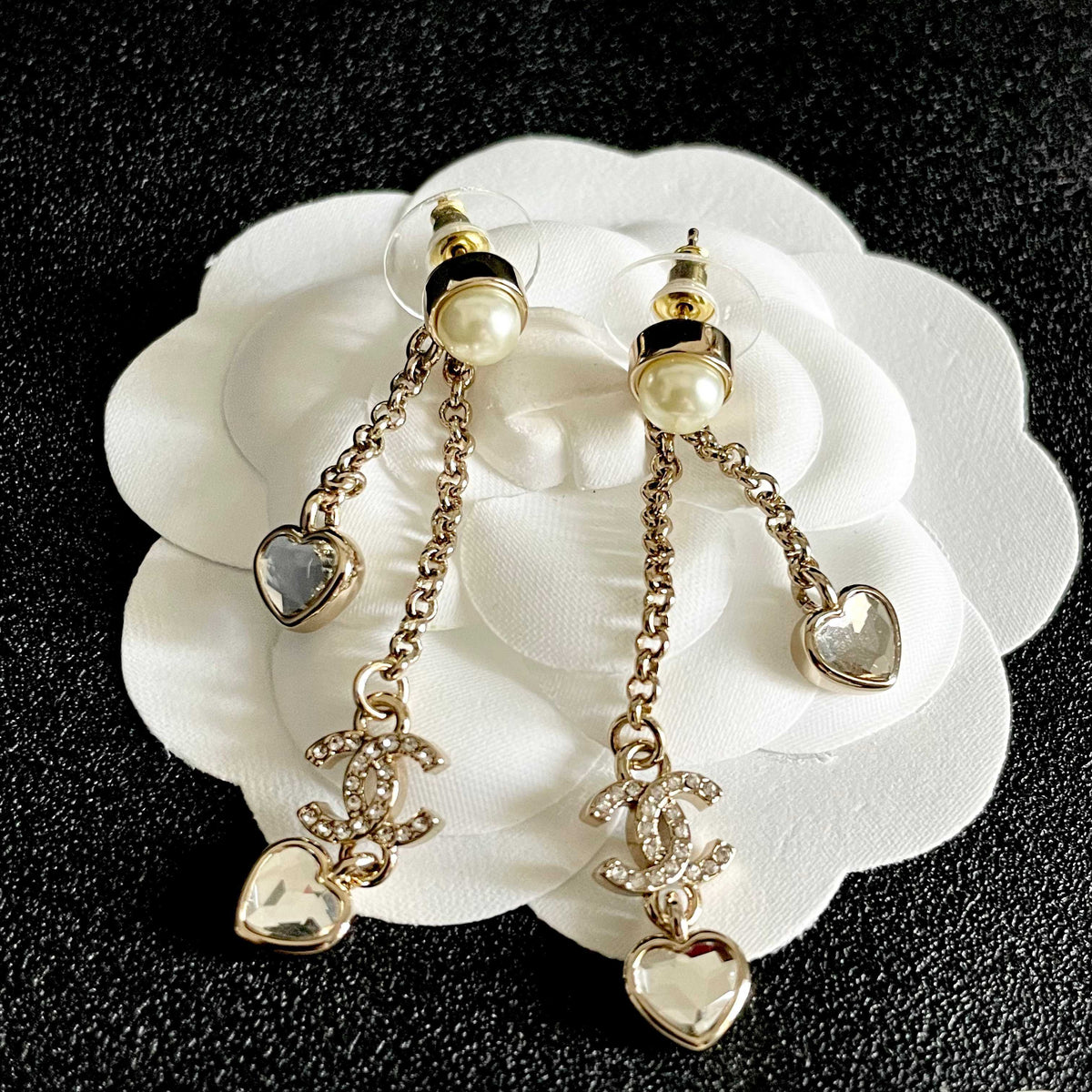Double-C Emblem Crystal-Accent Statement Earrings – Heart Detail – Design 003 front product view