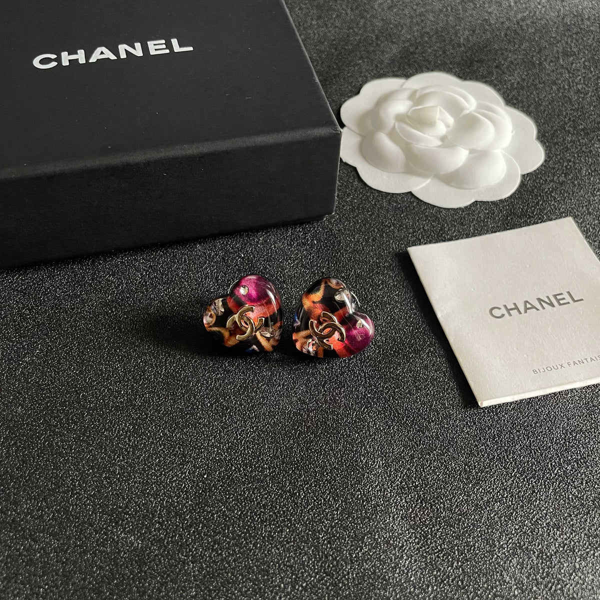 Double-C Emblem Stud Earrings in Polished Metal-Tone – Heart Detail – Design 007 styled product view