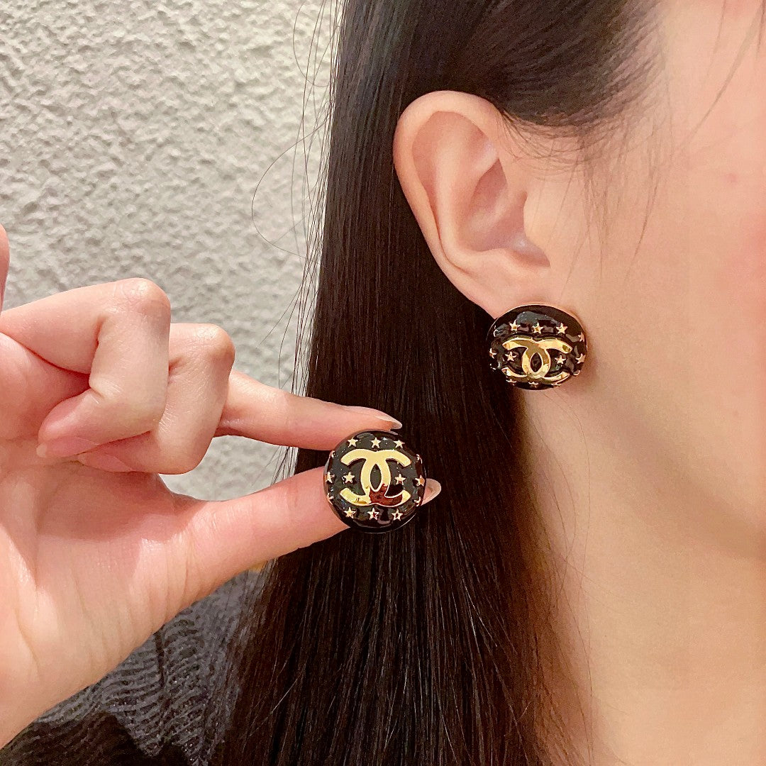 Double-C Emblem Stud Earrings in Polished Metal-Tone – Star Detail – Design 018 main product view