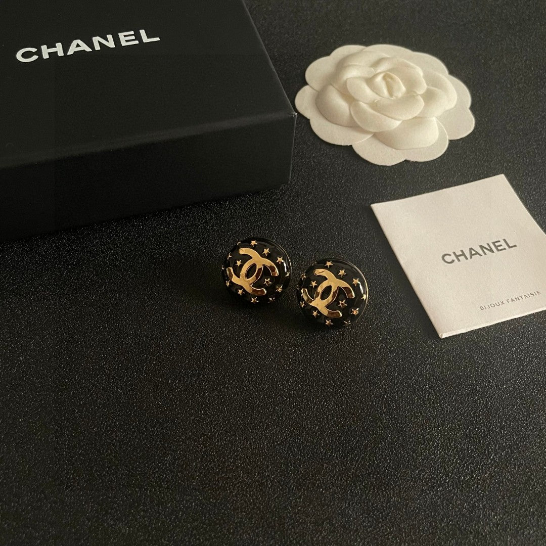 Double-C Emblem Stud Earrings in Polished Metal-Tone – Star Detail – Design 014 styled product view