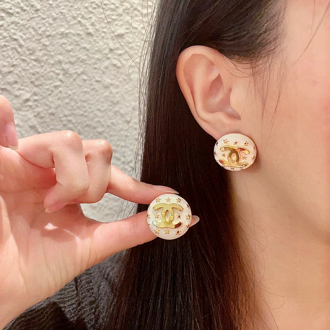 Double-C Emblem Stud Earrings in Polished Metal-Tone – Star Detail – Design 017 main product view