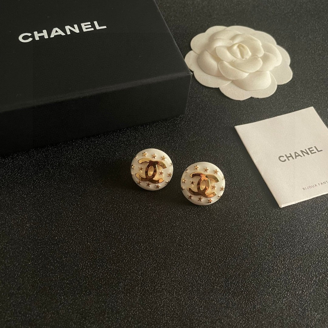 Double-C Emblem Stud Earrings in Polished Metal-Tone – Star Detail – Design 017 styled product view