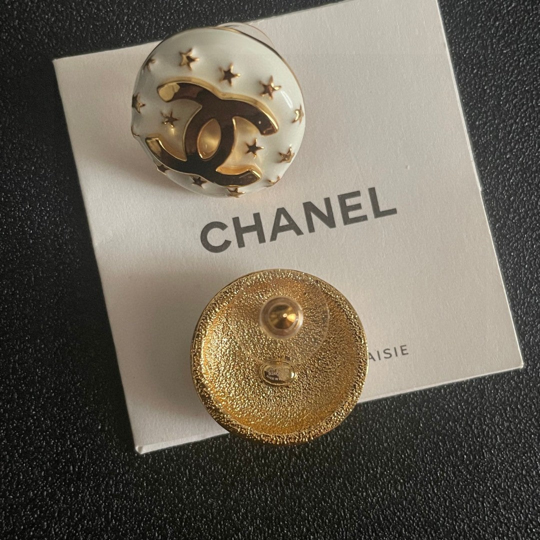 Double-C Emblem Stud Earrings in Polished Metal-Tone – Star Detail – Design 013 main product view
