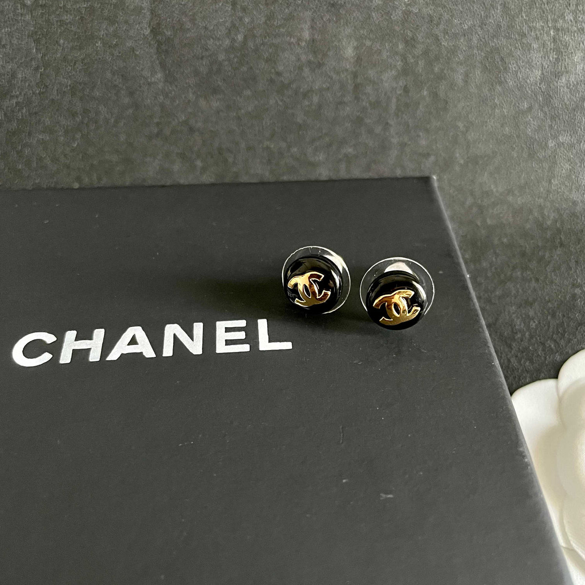 Signature Emblem Stud Earrings in Polished Metal-Tone – Design 050 detail view