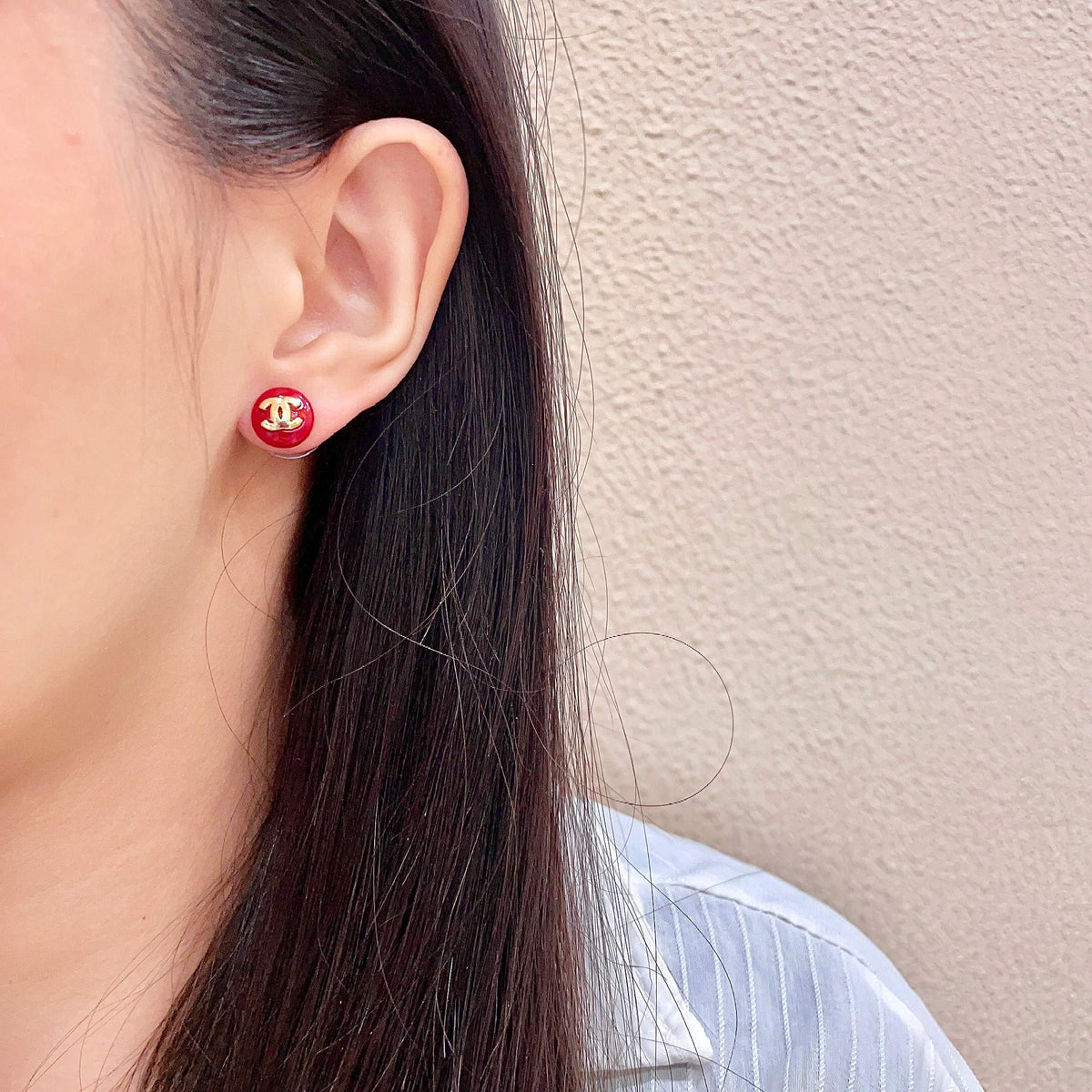Signature Emblem Stud Earrings in Polished Metal-Tone – Design 049 detail view