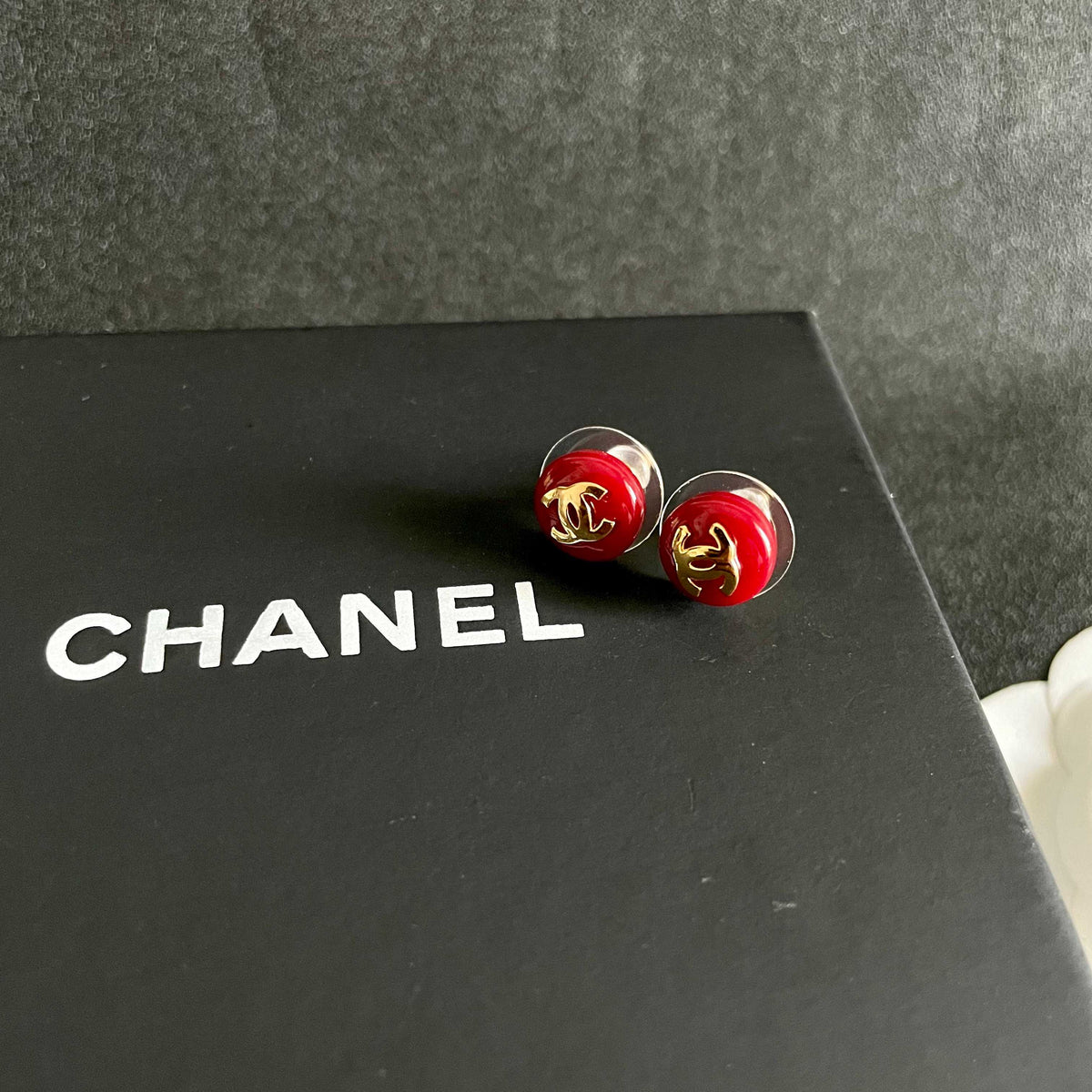 Signature Emblem Stud Earrings in Polished Metal-Tone – Design 049 detail view