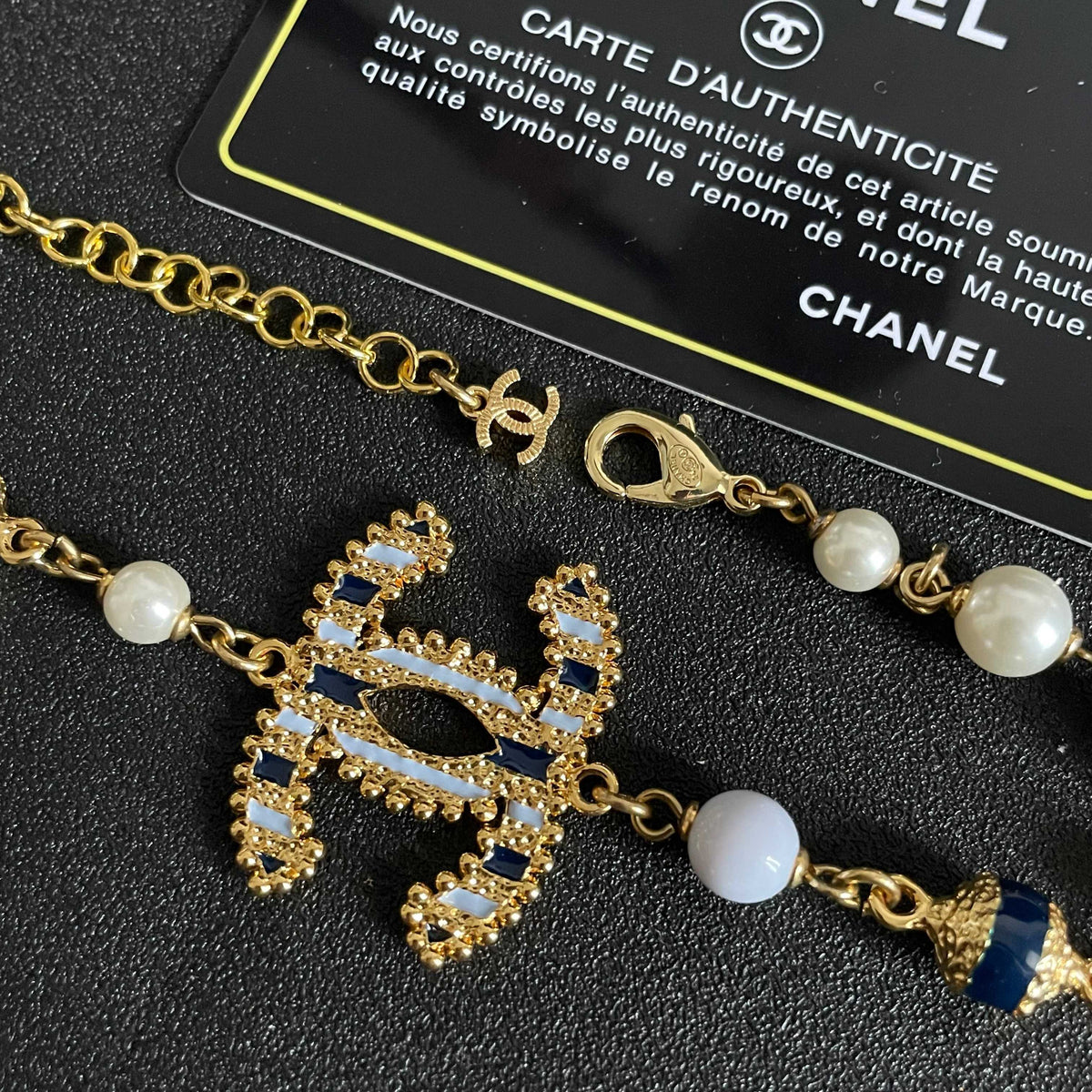 Double-C Emblem Pearl-Detail Pendant Necklace – Pearl Detail – Design 069 front product view