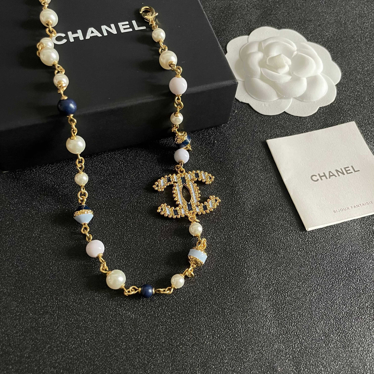 Double-C Emblem Pearl-Detail Pendant Necklace – Pearl Detail – Design 068 main product view