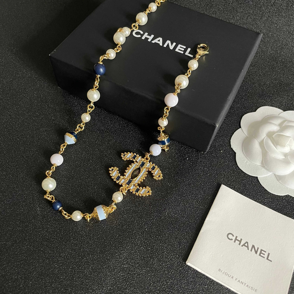 Double-C Emblem Pearl-Detail Pendant Necklace – Pearl Detail – Design 068 styled product view