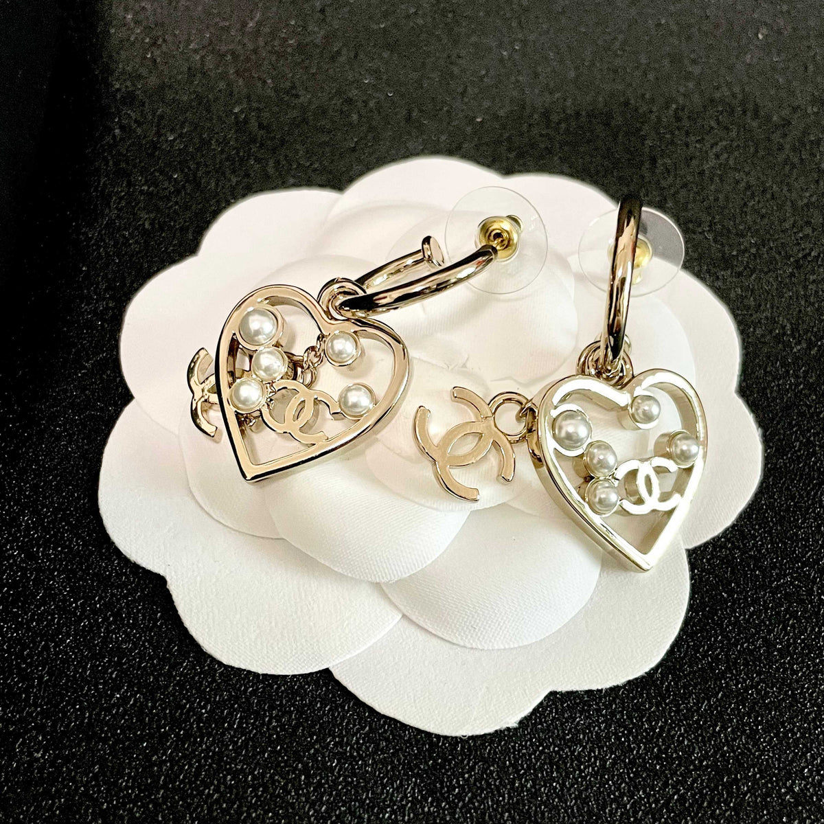 Double-C Emblem Stud Earrings in Polished Metal-Tone – Heart Detail – Design 008 front product view